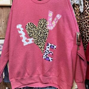 UpCycled Recycled Handmade Reworked Vintage Fabric LOVE Valentine Red Sweatshirt